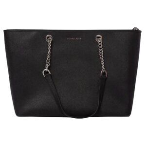 Michael Kors Jet Set Saffiano Black Leather Tote Bag Purse Laptop Travel Chain